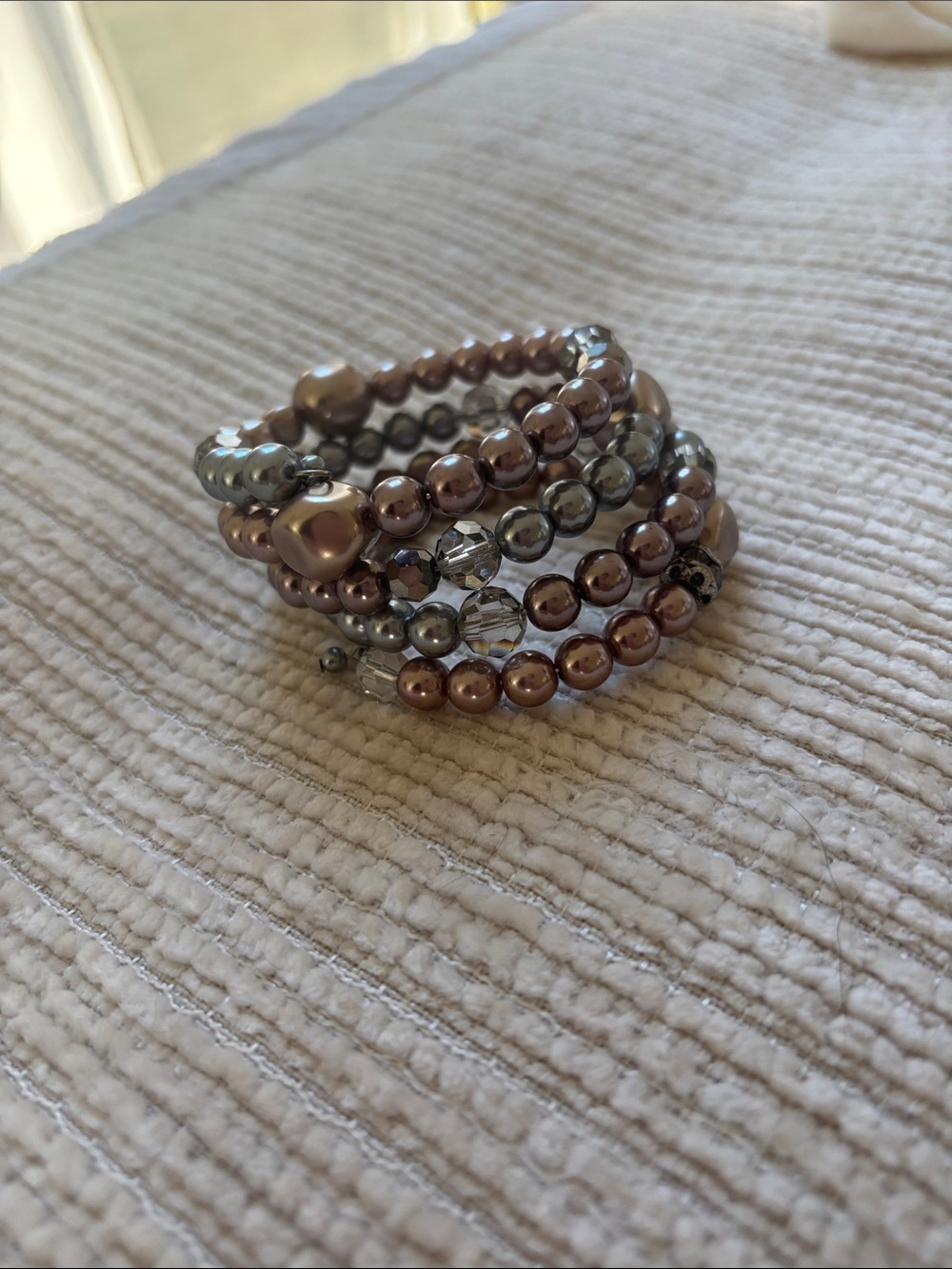 Multi-Strand Pearl Bead Coil Bracelet - Taupe and Silver